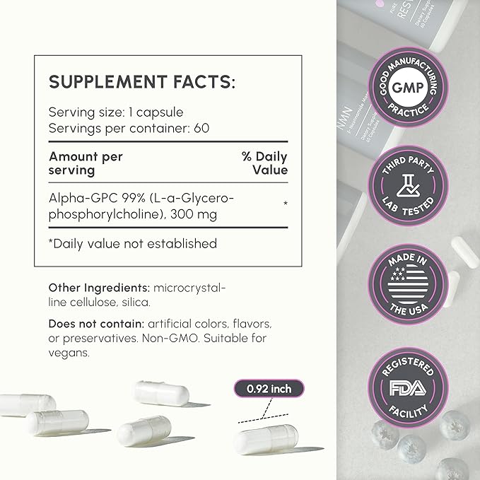 Alpha GPC Supplement Bio-Available Pure Form of Choline - Easily Absorbed by The Body - 300mg 60 Capsules - Made in The USA