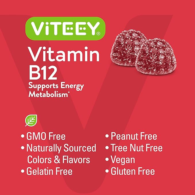 Viteey Vitamin B12 Gummies for Adults & Teens 1000mcg - Good for Energy, Metabolism, Natural Energy, Immune System Support - Vegan, Gelatin Free, Gluten Free - Tasty Chewable Raspberry Flavored Gummy