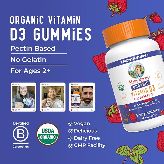 MaryRuth Organics Organic Vitamin D3 Gummies | 1000 IU | USDA Organic | Immune Support| Bone Health | Muscle Function | for Adults & Kids Ages 2+ | Vegan | Gluten Free | 2 Month Supply | 60 Count