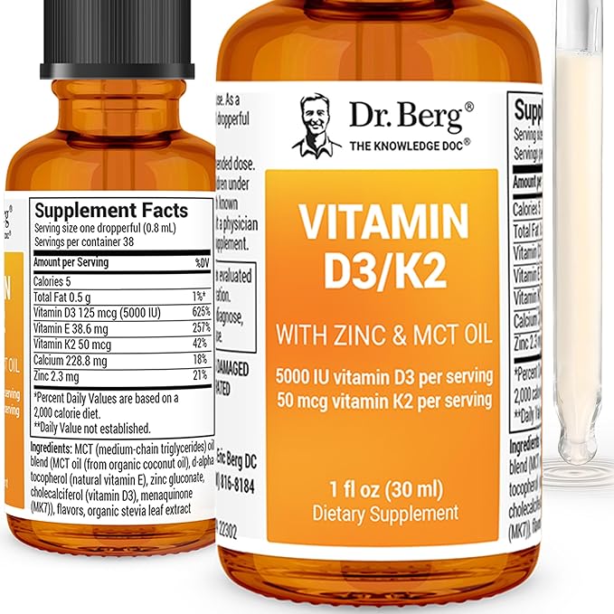 Dr. Berg Liquid Vitamin D3 & K2 Supplement with Zinc - for Bone, Teeth, Mood & Immune Health* - Vitamin D3 & K2 Drops for Adults - 1 fl oz