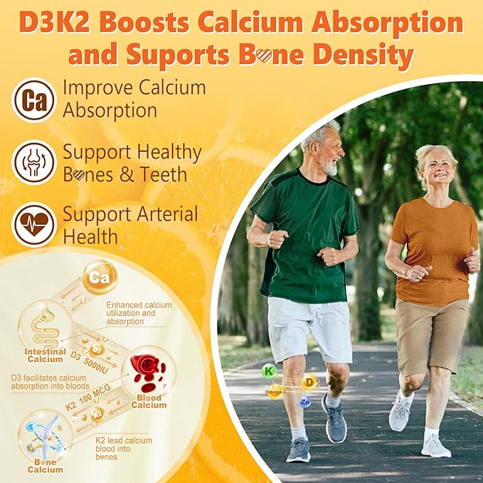 Vitamin D3 K2 Gummies 5000IU / 10,000 IU with Omega-3 250mg + K2(MK-7) 100mcg - 5X Absorption Than Standard D3K2,with Vitamin C, Zinc,and 5 Organic Vegetables,Supports Bone & Teeth Strength, Immune