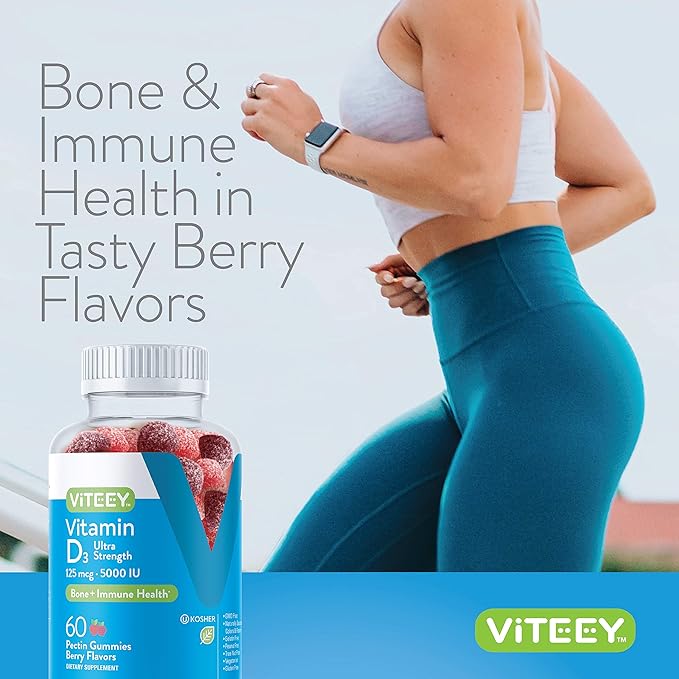 Viteey Vitamin D3 Gummies for Adults & Teens - 5,000 IU, 125mcg, Ultra Strength - Joint & Muscle Health, Immune Boost - Chewable Vitamin D Gummies - Vegetarian, Gelatin Free - Tasty Berry Flavored