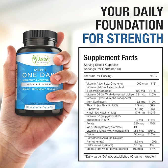 Pure By Nature One-Daily Multivitamin for Men, Immune Support Supplement with Non-GMO Ingredient, Vitamin & Minerals for Energy, 60 Veggie Capsules