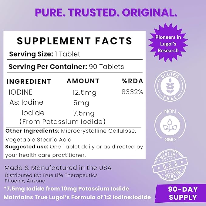 Lugol's Iodine Tablets 12.5mg x 90 ct - Reddish Brown Stable Iodine + Potassium Iodide Formula, Masks Bitter Liquid Taste, Thyroid Support, Detox, Breast Health - No Preservative, Non-GMO, Gluten-free