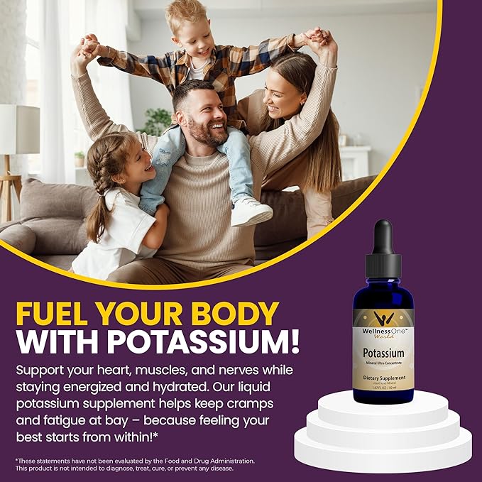 WellnessOne Ionic Potassium Supplement - Potassium Chloride Drops for Fast Absorption - Boost Immune System & Muscle Function - USA Tested, Vegan, Non-GMO, Gluten Free, Unflavored, 1.67 fl oz