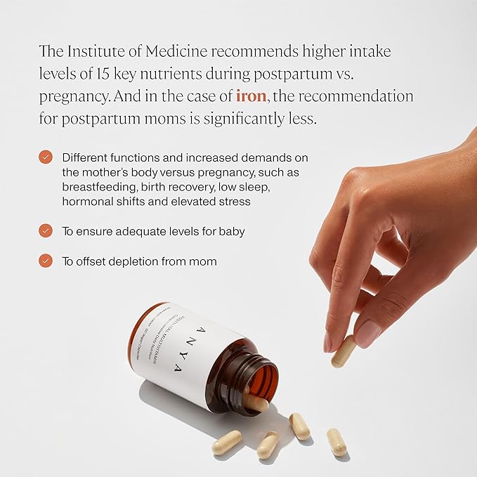 ANYA Postpartum Multivitamin, Postnatal Vitamin for Women Breastfeeding, 30 Capsules - Vitamins A, C, D3, Zinc, B12, Biotin, Folate and Iron - 100% Vegan, Non-GMO, Gluten Free, Baby Shower Gifts