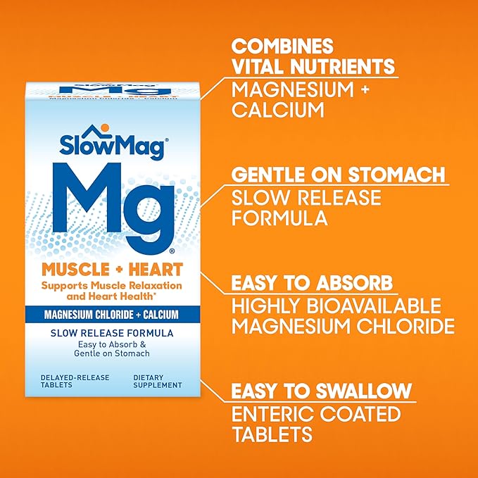 SlowMag Mg Muscle + Heart Magnesium Chloride with Calcium Supplement, 60 Count