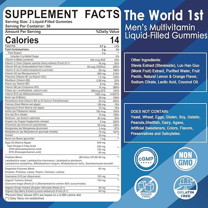 2 Pack - Mens Multivitamins Gummies, Multiminerals, Vegan Omega 3, CoQ10, Probiotics, Daily Mens Vitamins A C D E B6 B12, Methylated Multivitamin for Men, Energy, Immunity, Sugar Free, Vegan (No Iron)