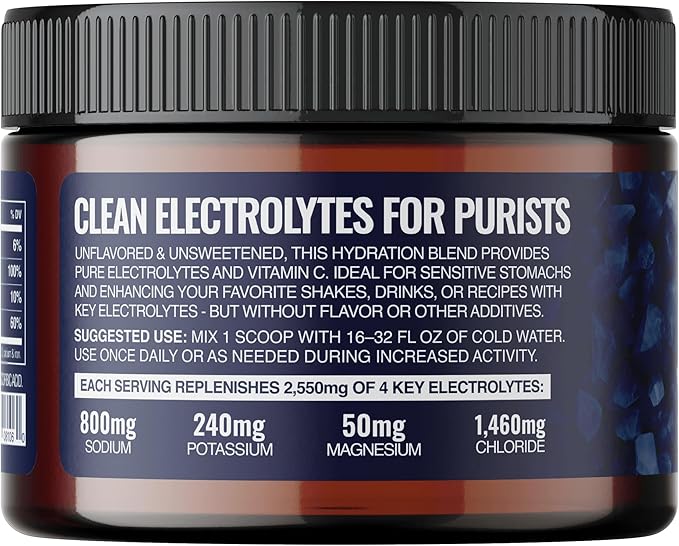 Unflavored Electrolytes | High Sodium, Potassium, Magnesium | Clean Hydration - No Sugar, Stevia, Citric Acid or Maltodextrin | Bulk Raw Electrolyte Powder 90 Servings | HSA FSA | Made in USA