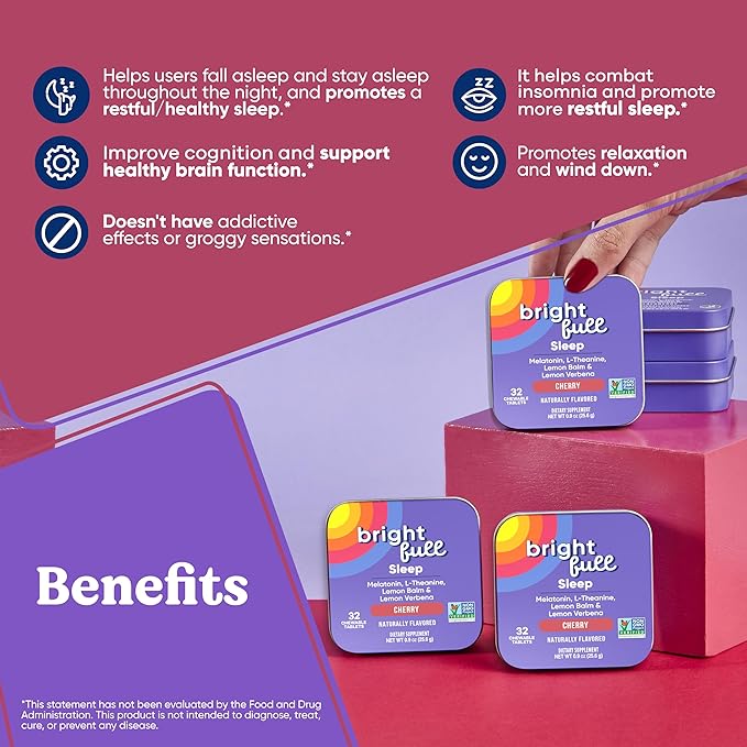 Natural Sleep Aid with Melatonin, Ashwagandha, Lemon Balm & L-Theanine – Drug-Free Sleep Support Supplement – Restful Sleep, Back to Sleep – Cherry Flavor – 32 Chewable Tablets