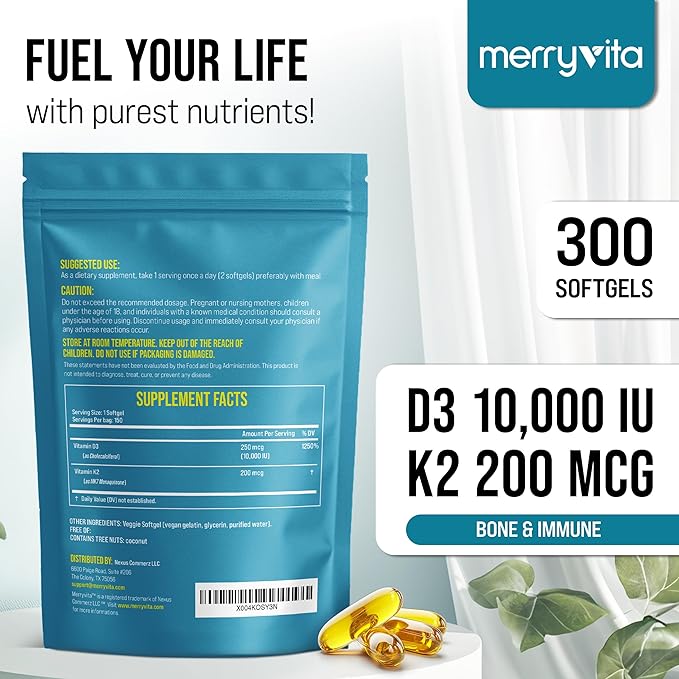 Vitamin D3 K2 300 Softgels β 10000 IU & 200 MCG K2 MK7 β Plant-Based, Vegan, Non-GMO, Gluten-Free β Coconut Oil β Immune, Bone & Muscle Support β D3 con K2 vitamina Supplement
