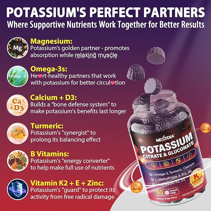 Potassium Citrate and Potassium Gluconate Supplement, 1200mg Two Forms of Potassium Gummies, w/Magnesium, Omega-3, Calcium, Vitamin D3 K2 B12 E B6, Folate for Muscles, Nerves, Health Bones, 120Cts