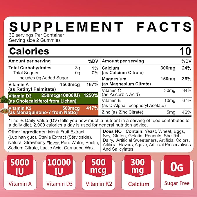 ADK Supplement - Vitamin D3 10000 IU + K2 (MK7) 500mcg + A 5000IU Gummies w/ Calcium Magnesium for Women & Men, K2 D3 Vitamin Supplement for Stronger Bone, Muscle, Vision, Immune, Sugar Free 2Packs