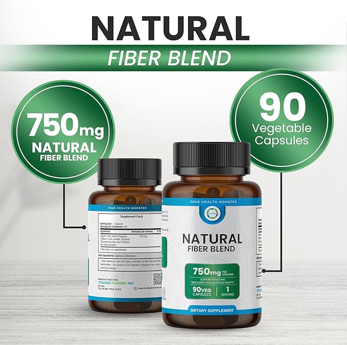 Natural Fiber Blend Supplement - Promotes Digestive Health, Cholesterol Balance, Cardiovascular Wellness - Psyllium Husk, Chia Seed, Flax Seed - 750mg Organic Fiber Blend
