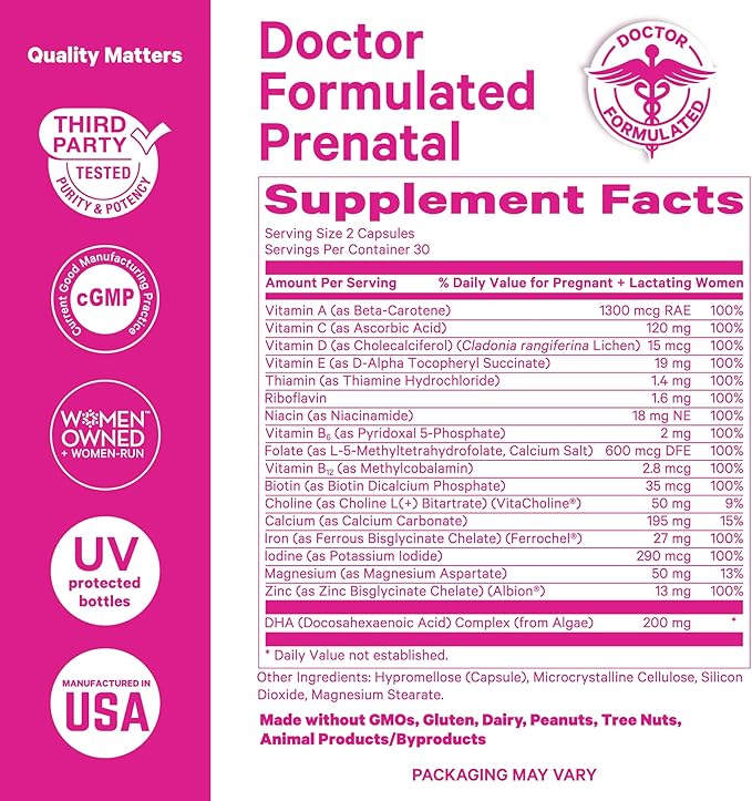 Pink Stork Total Prenatal Vitamins with DHA, Folate, Iron, Choline, and Vitamin B12 - Prenatals for Women to Support Fetal Development, Pregnancy Essentials, Berry Essence, 60 Capsules, 1 Month Supply