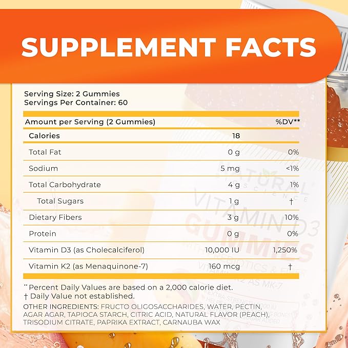 Vitamin D3 K2 Gummies 10000 IU, High Potency D3 10000 Gummies with K2 MK7, Immune & Bone Support, Natural Chewable Supplement for Adults, 90 Gummies