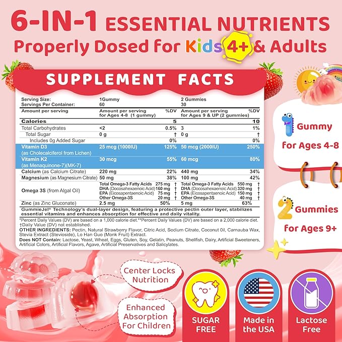 Vitamin D3 K2 + Calcium Liquid-filled Gummies for Kids & Teens, 1000IU/2000IU D3 with Magnesium, Algal Omega 3, Vitamin for Kids for Bones & Teeth, Calcium Absorption, Brain, Immunity,Sugar-Free,2Pack
