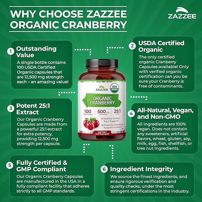 Zazzee USDA Organic Cranberry 25:1 Extract, 12,500 mg Strength, 100 Vegan Capsules, Over 3 Month Supply, Standardized, Concentrated 25X Extract, 100% Vegetarian, Certified Organic, Non-GMO All-Natural