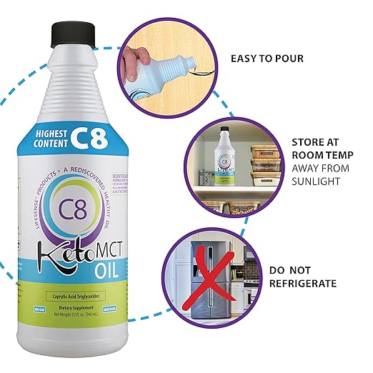 LifeSense C8 MCT Oil, Keto-Friendly, Sourced from Coconut Oil, Clinically Proven to Increase Ketone Production, Optimal Fuel for The Brain and Body, Made in USA by PhD Nutrition, 32 oz