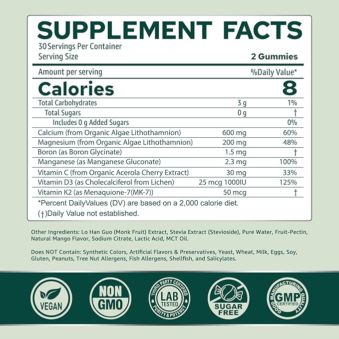 Calcium Gummies for Women + Magneisum Vitamin D3 K2, C, Zinc, Boron, Sustainable Algae (3rd Party Tested) for Bone Strength, Nerve, Calcium Absoption, Sugar Free Calcium Supplement, Vegan, 60 Counts