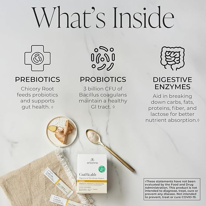 Arbonne Gut Health Digestion Support - Microbiome Prebiotic and Probiotic Drink Mix, Probiotic Powder and Prebiotic Powder with Enzymes for a Healthy Gut