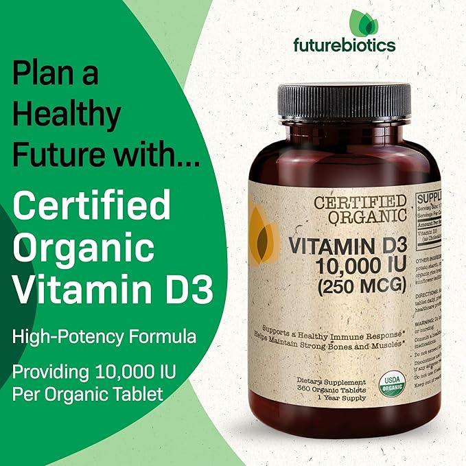 Futurebiotics Vitamin D3 10,000 IU (250 MCG) Supports a Healthy Immune Response, Helps Maintain Strong Bones and Muscles, 360 Organic Tablets