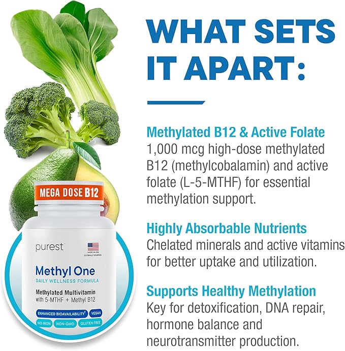Purest® Methylated Multivitamin for Men & Women | Methylated B12 1000mcg, Biotin, B Complex with 600mcg Vitamin D, Vitamin C, E, A, Methylfolate | Daily Methylate Multivitamin for Energy & Wellness