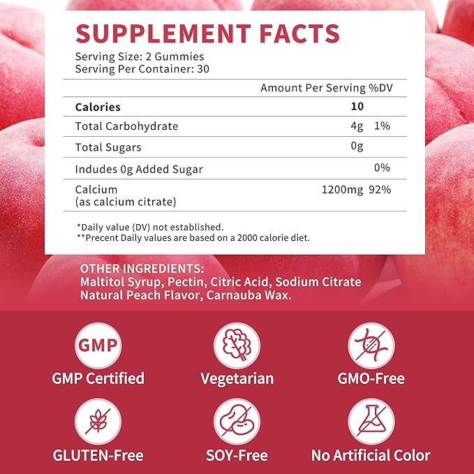 (3 Pack) 1200 mg Calcium Citrate Gummies Supplements for Women & Men,Pure Calcium Citrate Gummies for Bone, Muscle & Immune Support - Easy to Digest, Sugar Free,Vegan,Peach Flavor,60 Day Supply