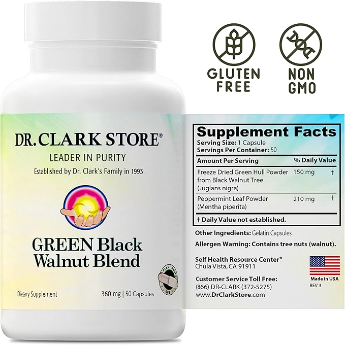 Dr Clark Green Black Walnut Blend - Freeze Dried Hull Dietary Supplement, Extra Strength Formula from All Natural Walnuts, Supports Healthy Intestinal Environment, 360mg, 50 Gelatin Capsules