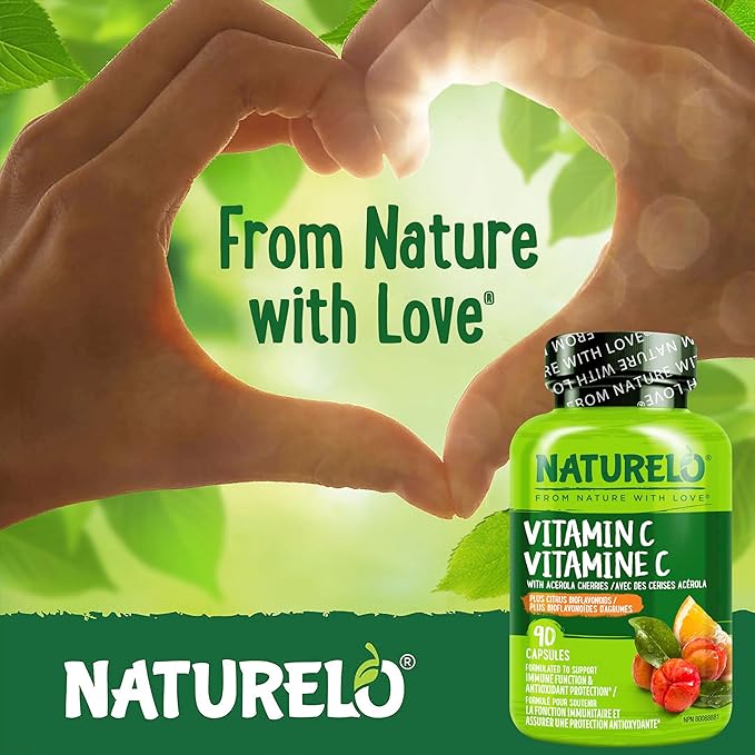 NATURELO Vitamin C with Organic Acerola Cherry Extract and Citrus Bioflavonoids - Vegan Supplement - Immune Support - 500 mg VIT C per Cap - Non-GMO - 90 Capsules