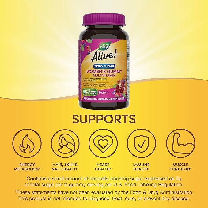Nature's Way Alive! Zero Sugar Women's Gummy Multivitamins, Energy Metabolism*, Hair, Skin, Nails*, B-Vitamins, No Sugar Alcohols, Plant-Based Sweeteners, Strawberry Flavored, 80 Gummies