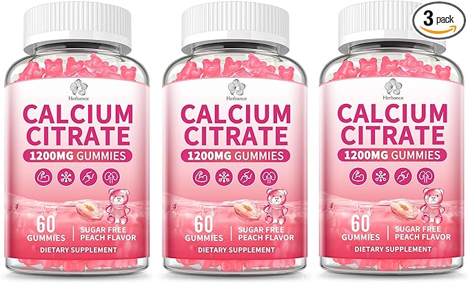 (3 Pack) Calcium Citrate Gummies 1200 mg for Adults, High Absorption Calcium Supplement for Women & Men, Sugar Free, Non-GMO, Gluten Free, Supports Muscle & Immune - Natural Peach Flavor