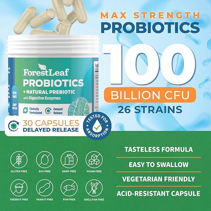 Probiotics for Men and Women, 100 Billion CFU, 26 Unique Strains, Men's and Women's Probiotic and Prebiotics Support Digestive Health, Gut Wellness, Energy, Mood, Immune, PH Balance (30 Caps)
