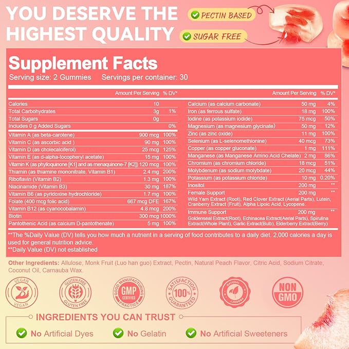 Sugar Free Multivitamin Gummies for Women 14+ w/Iron, Inositol, Folate, Biotin, Womens Daily Multivitamin Gummy w/Vitamin A, C, B, D3, K2, for Hair, Skin, Energy, Immune, Peach Flavor