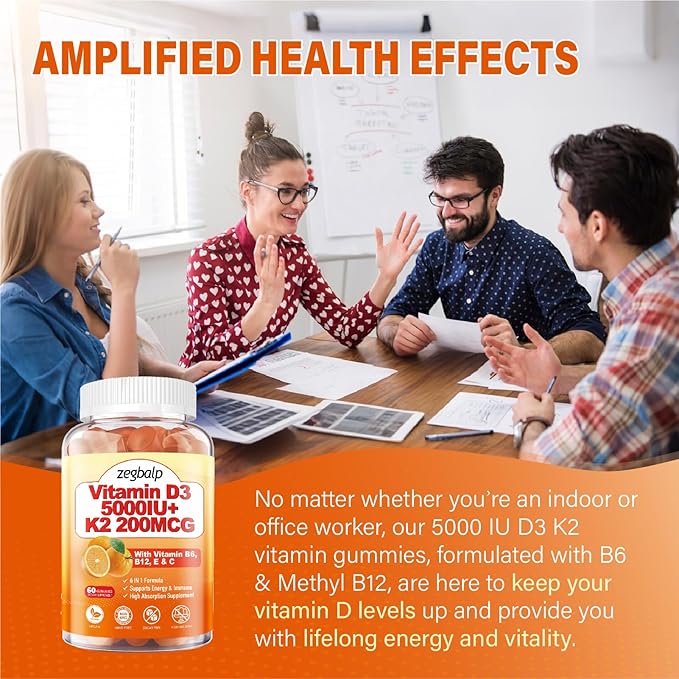 2Packs Vitamin D3 K2 Gummies for Adults, Sugar-Free Vitamin D3 5000IU + K2(MK-7) 200mcg Supplement with Vitamin B Complex & Vitamin C E Supports Bone, Muscle, Teeth & Immune, Vegan, Gluten Free