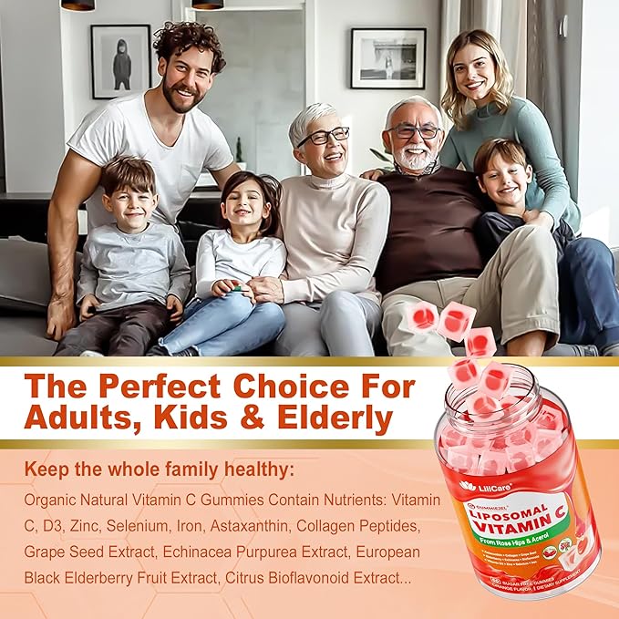Natural Liposomal Vitamin C 1000mg Gummies for Adults Kids 9+, 1660mg Chewable Vitamin C w/ 11mg Zinc, D3, Elderberry, Echinacea, Bioflavonoid, Astaxanthin - Organic VIT C from Fruits, Sugar Free