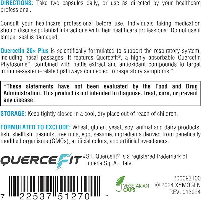 XYMOGEN Quercetin 20× Plus - Quercetin Supplements - Complex with Vitamin C, N-Acetyl-L-Cysteine & Nettles - Formulated for Respiratory Support - Vegan & Gluten-Free (120 Capsules)