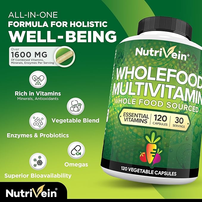 Nutrivein Whole Food Multivitamin for Men & Women – 120 Capsules – Daily Energy, Immune & Heart Support – Raw Fruit & Veggie Blend + B Vitamins