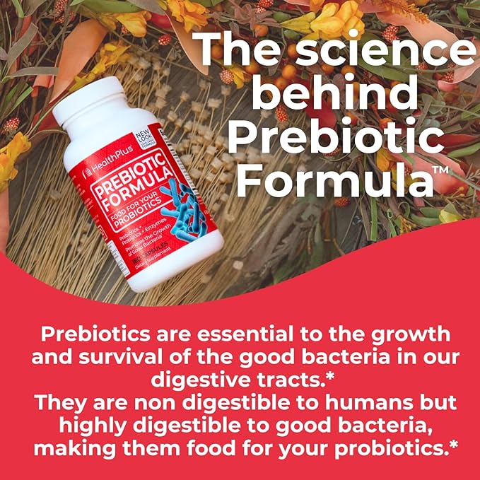 Health Plus Prebiotic Formula - Probiotics + Prebiotics + Digestive Enzymes - Gluten Free, Dairy Free, Natural Herbal Ingredients (180 Capsules, 60 Servings)