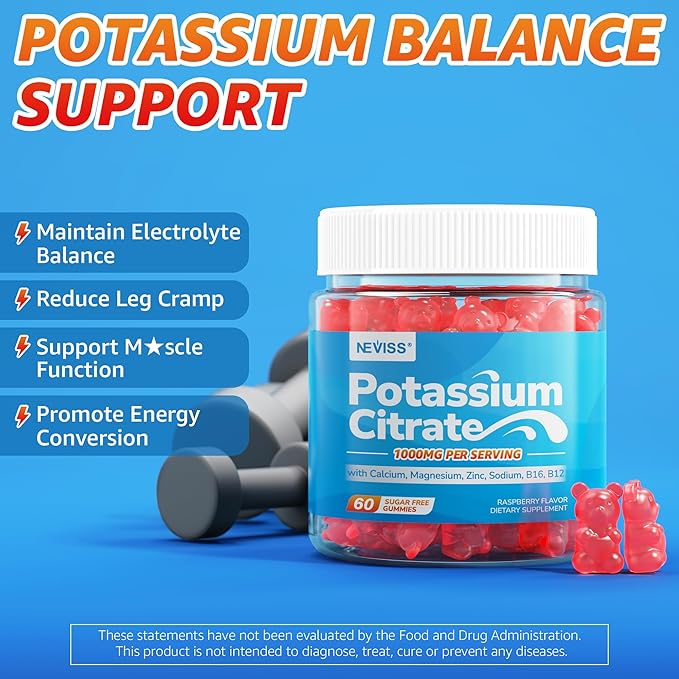 Potassium Citrate 1000mg Gummies, Potassium Magnesium Supplement + Calcium, Zinc, Sodium, Vitamin B6, B12, Support Leg Cramps, Electrolyte Balance, Body Performance, Energy Boost, Sugar Free, 120 Cts