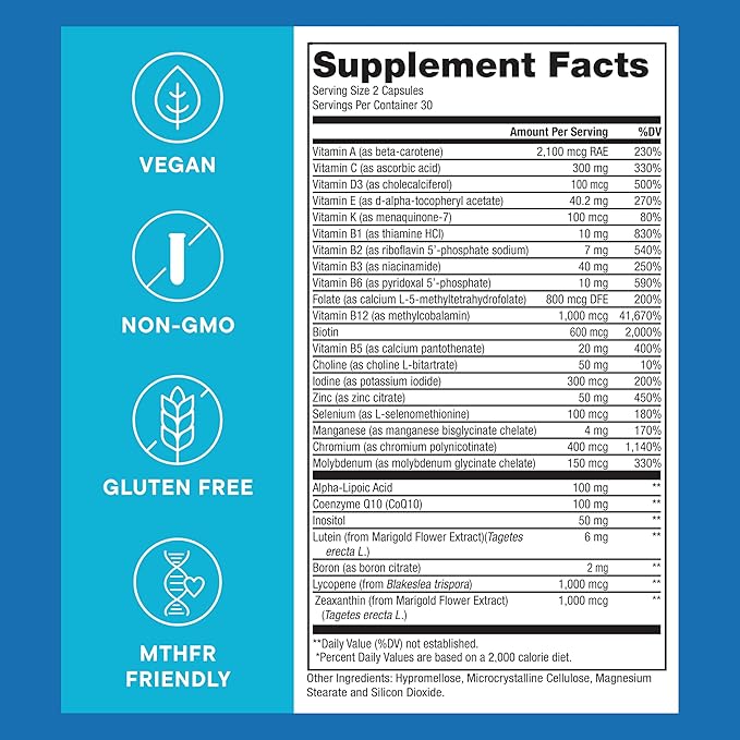 Purest® Methylated Multivitamin for Men & Women | Methylated B12 1000mcg, Biotin, B Complex with 600mcg Vitamin D, Vitamin C, E, A, Methylfolate | Daily Methylate Multivitamin for Energy & Wellness