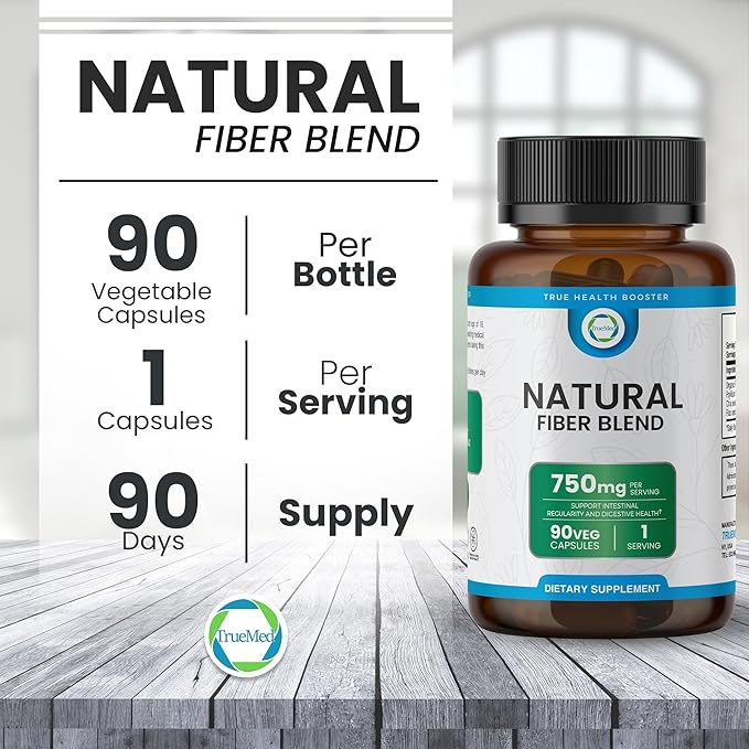 Natural Fiber Blend Supplement - Promotes Digestive Health, Cholesterol Balance, Cardiovascular Wellness - Psyllium Husk, Chia Seed, Flax Seed - 750mg Organic Fiber Blend
