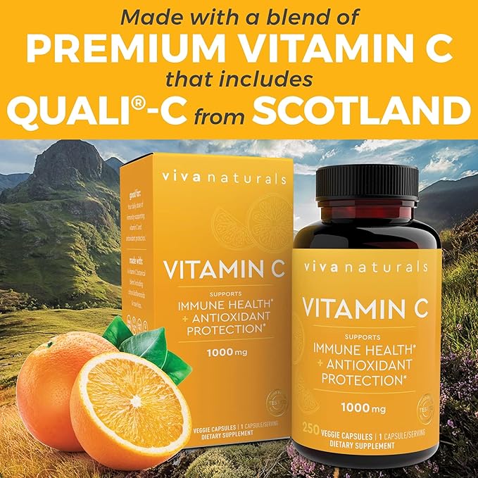 Viva Naturals Vitamin C 1000mg - Non-GMO Vitamin C Supplements with Citrus Bioflavonoids & Rose HIPS for Immune Support & Antioxidant Protection, 250 Vegetarian Capsules