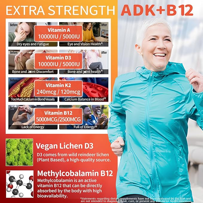Sugar-Free ADK+Vitamin B12 Gummies - Vitamin D3 K2 10,000IU/ 5000IU, B12 5000mcg 2500mcg, K2 (MK-7) 240mcg, Multivitamin Adults-Vitamin A,Vegan Vitamin D,Methyl B12,C,Zinc-Eye,Bone,Energy,Nerve,Immune