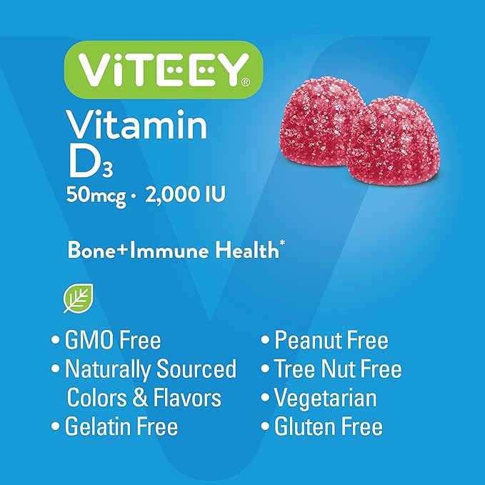 VITEEY Vitamin D3 for Adults & Teens - 2,000 IU, 50mcg, Regular Strength - Joint & Muscle Health, Immune Boost - Chewable Vitamin D Gummies - Vegetarian, Gelatin Free - Tasty Berry Flavored Gummy