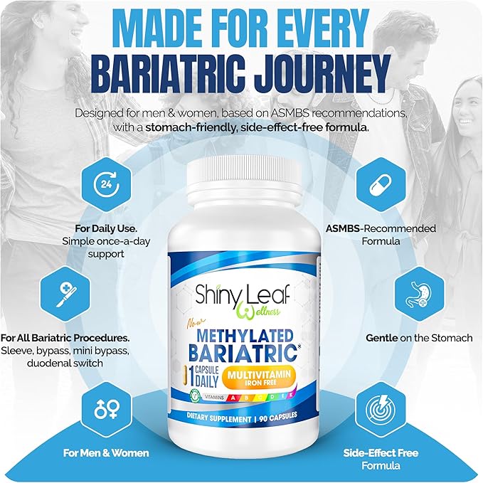 Shiny Leaf Methylated Bariatric Multivitamin Without Iron – Vitamins for Gastric Bypass & Sleeve, 1 Daily Capsule W Methylated Folate, B12, A, C, D, K & More. Vegetarian, Soy-Free, USA Made (180 Ct.)