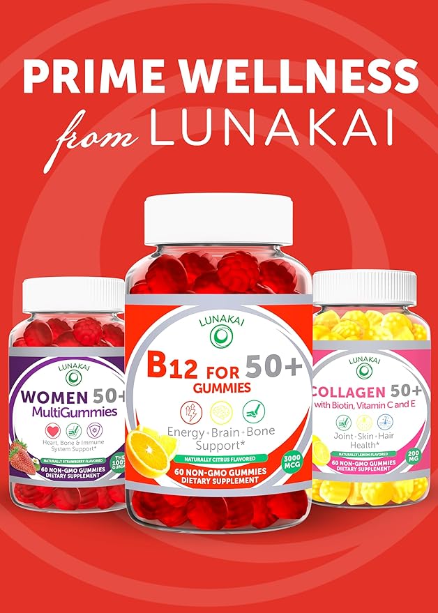 Lunakai USA Made Vitamin B12 Gummies for Adults 50+, Non-GMO B12 for Energy & Vitality Boost, Delicious Orange Flavor, 60ct