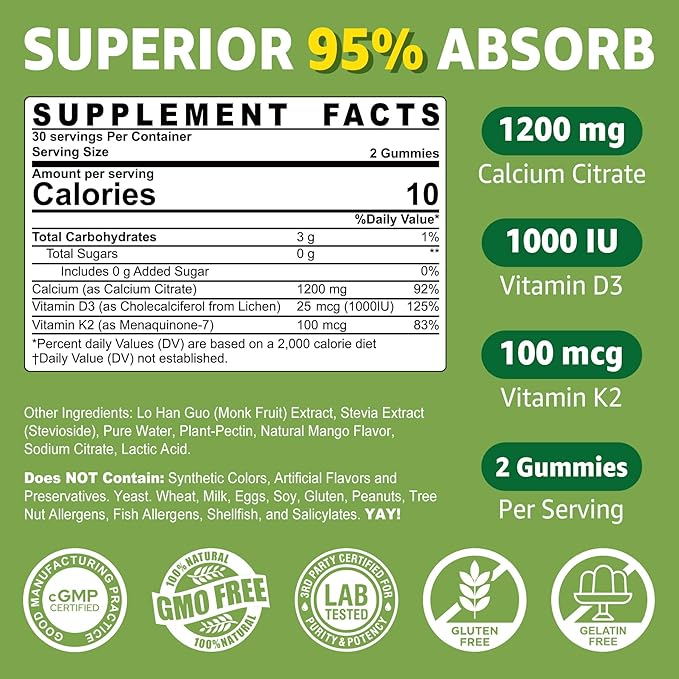 Calcium Citrate Gummies 1200mg with Vitamin D3 K2, Chewable Calcium Supplements for Women & Men, High Potency Support B0ne, Te*th, Strength & Immune Health, Mango Flavor, Non-GMO, Sugar Free, 120 Cts