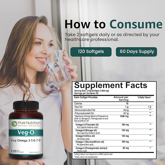 Pure Nutrition Vegan Omega 3-5-6-7-9 | 120 Softgels | 600mg per Serving of 2 Softgels | Multi Omega Supplement for Overall Health | Non GMO | Gluten Free