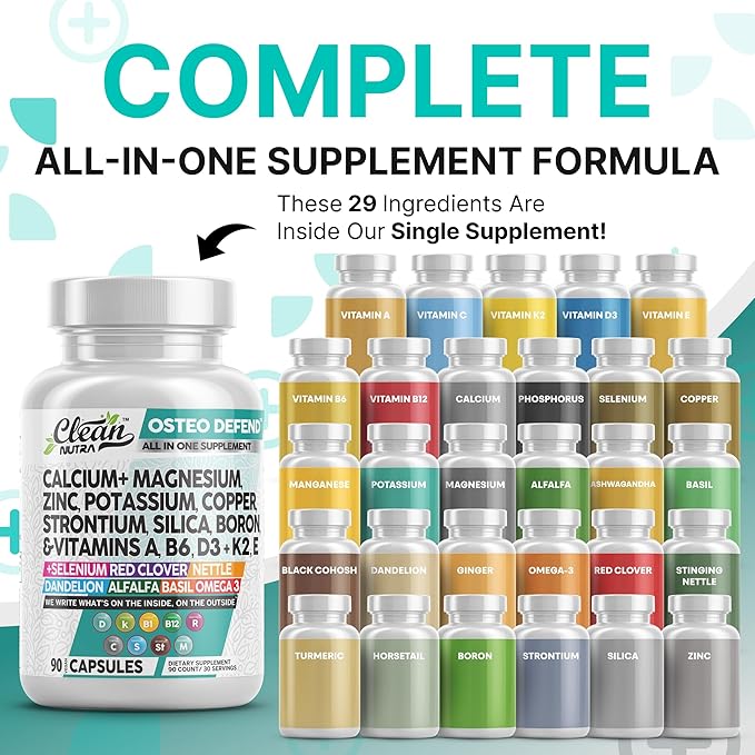 Clean Nutraceuticals Calcium Magnesium Zinc Supplement with Potassium, Copper, Strontium, Silica, Vitamin D3 K2, Boron, Vitamin B1 B12 Red Clover Herb Alfalfa Basil Pills for Men & Women Osteo Defend